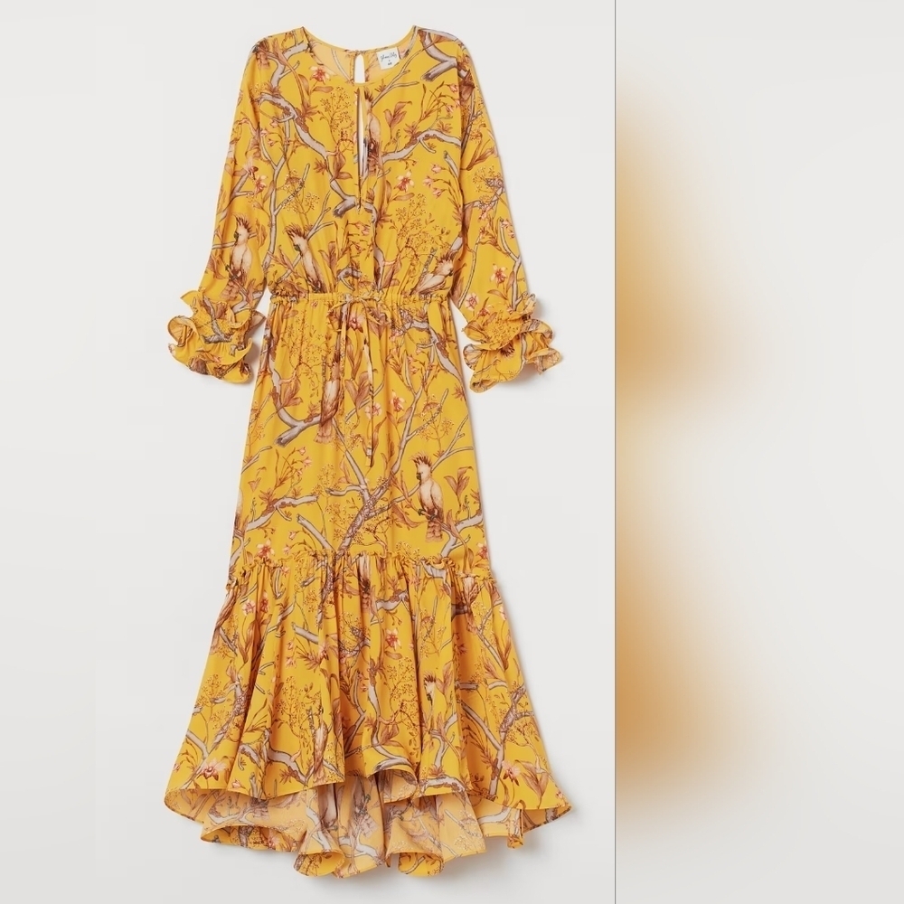 H&M Johanna Ortiz Women's Yellow Floral Boho Frill Summer Midi Crepe Dress Sz XS - Picture 7 of 16